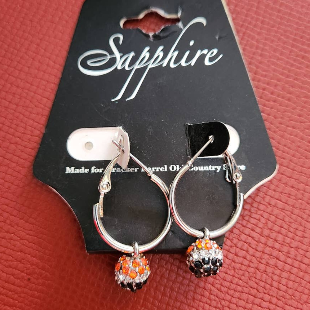 Silver Tone Orange, Black & White Crystal Earrings Sapphire Brand Cracker Barrel